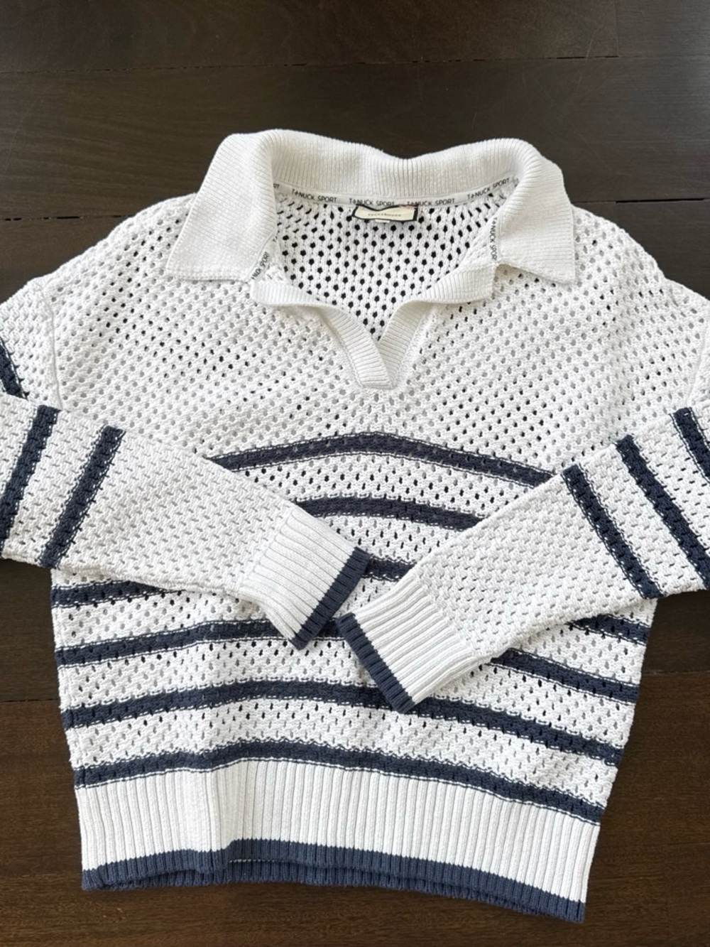 Tuckernuck White and Navy Open-Knit Polo Sweater